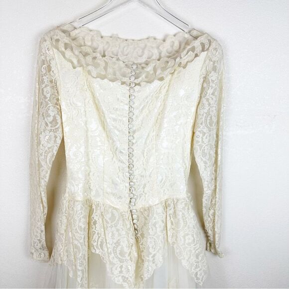 Vintage 70s 1970s Lace Off Shoulder Tulle Wedding Dress Romantic Boho - Picture 10 of 11